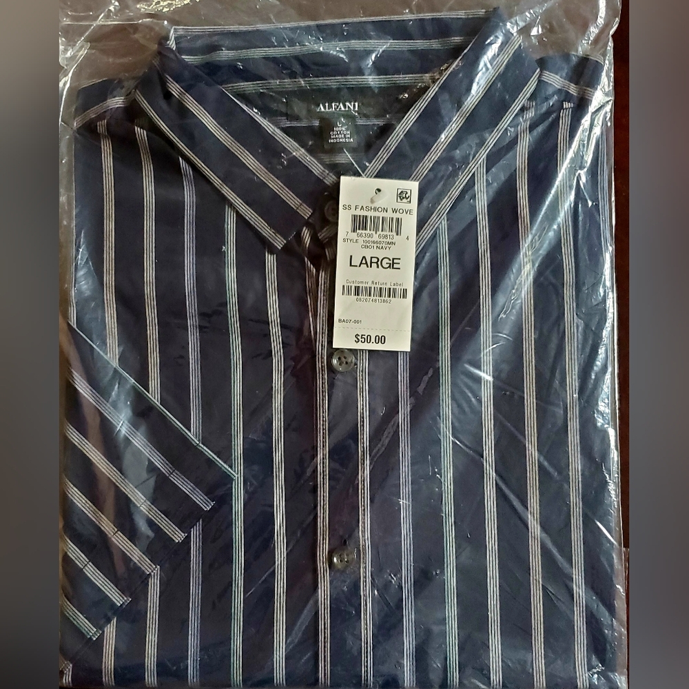 Alfani Men's Dark Blue and White Striped Shirt - Picture 1 of 4